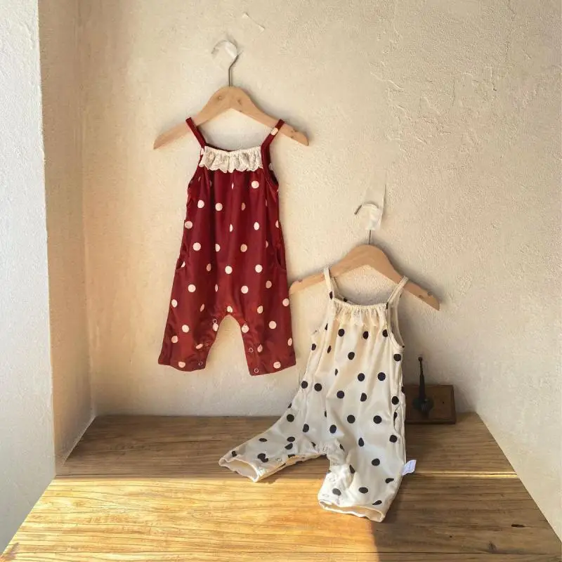 

2026 Spring New Baby Sleeveless Sling Romper Cotton Infant Casual Overalls Girls Cute Polka Dot Lace Jumpsuit Toddler Clothes
