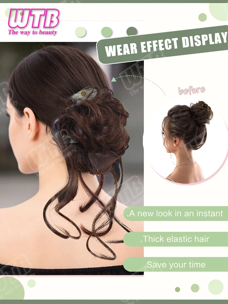 Bun Wig Synthetic Wig Woman Hair Tie Style Rhinestone Green Gauze Accessories Messy Curly Hair Bun Wig with Long Hair Ends