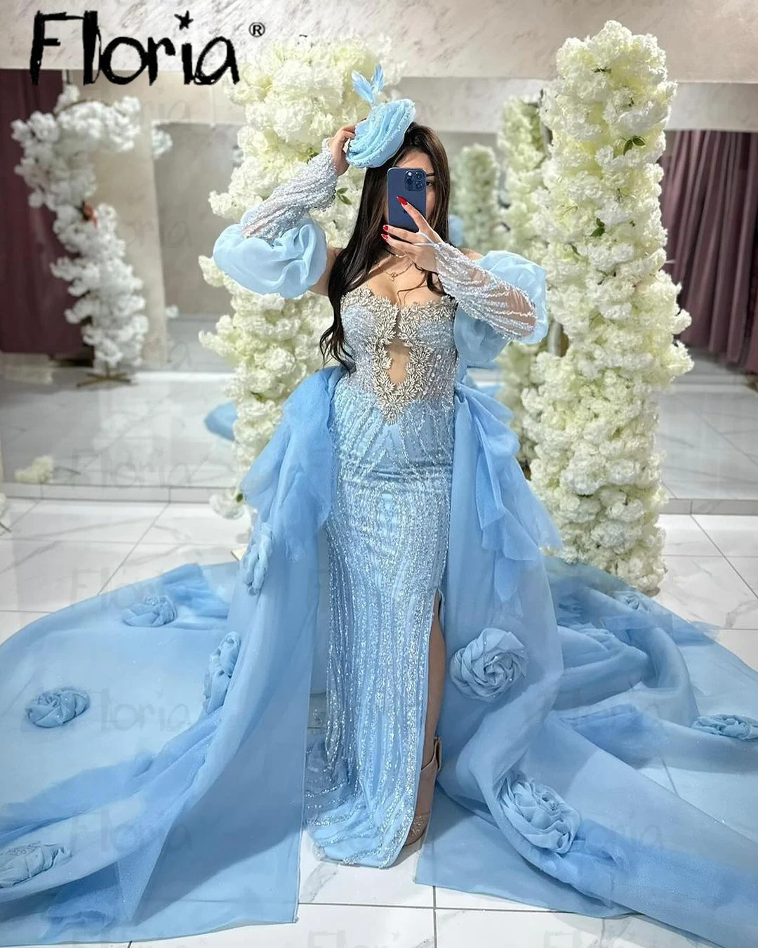 Floria Sky Blue 2pieces Prom Gown Crystals Covered Duabi Off Shoulder Long Sleeve Mermaid Evening Dress Wedding Party Dresses