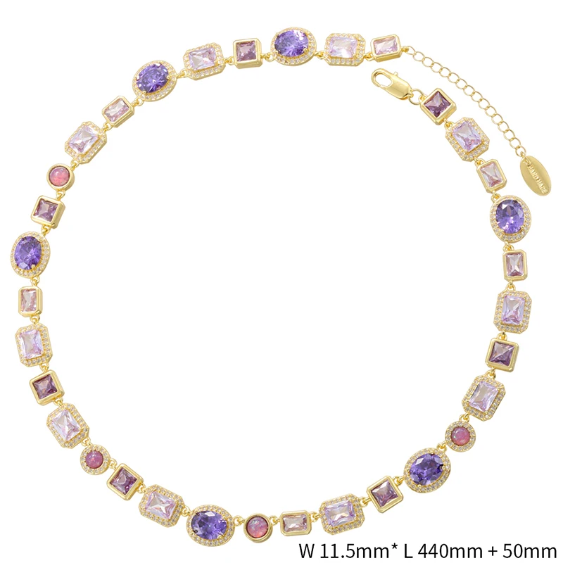 17.32 inch Geometric Zircon Color Gemstone Necklace Gold-Plated Brass Jewelry Hip-Hop Unisex Luxury Chain Gift for Friend:VL837