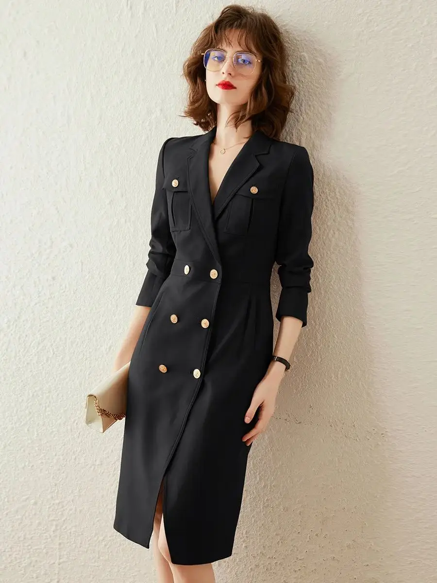 LOUIS YAO Women Dress 2024 Spring Suit Dress Elegant Turn-down Collar Slim Long Sleeve Knee-length Mid Length Women\'s Dress