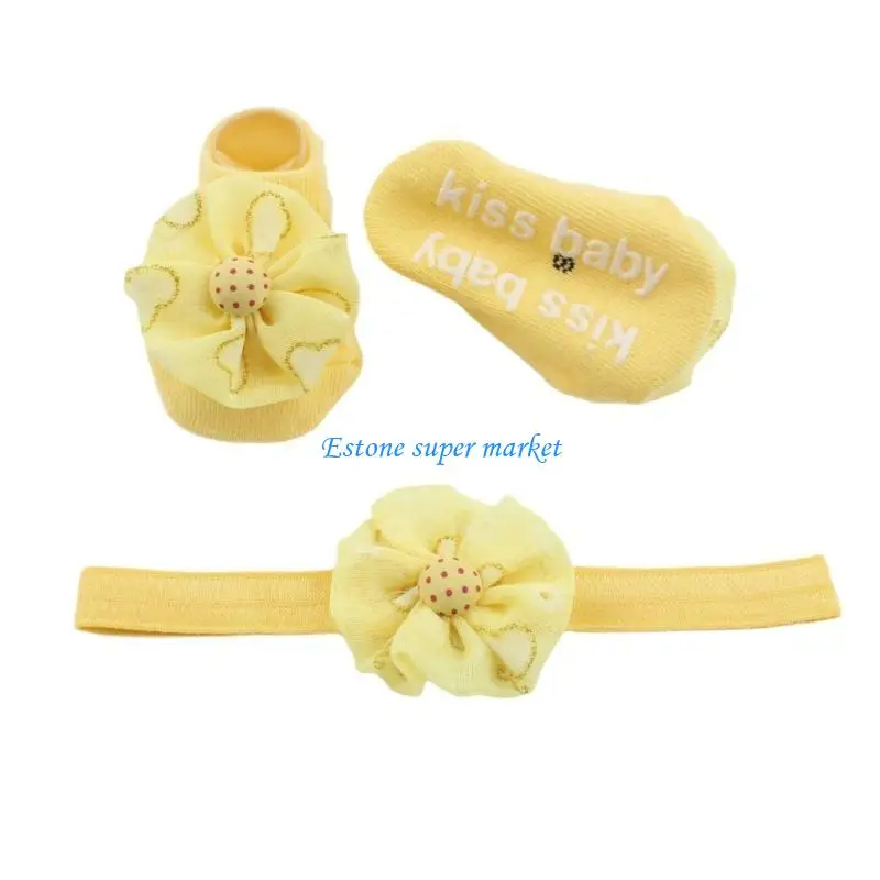 

090B Hairbands with Socks Baby Flower Pattern Headband for 0-6 Month Baby Hair Bands Soft Elastic Headwear Photography Props