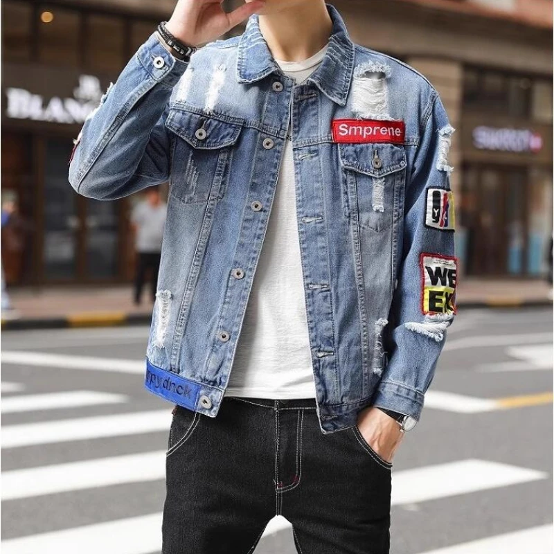 Men Denim Jacket Hip-hop Street Outfit Motorcycle Split Print Denim Jacket Fashionable and High-quality Perforated Men Clothing