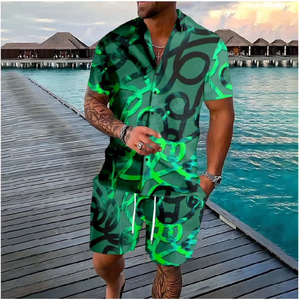 Gaya liburan Hawaii warna asap elemen kemeja kancing set celana pendek Streetwear pakaian olahraga kasual pantai pakaian pria