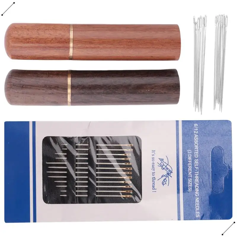 2Pcs Wooden Needle Case With 12 Gold Tail Back Hanging Needles And 4 Large-Eye Leather Stitching Needles For Handmade Sewing