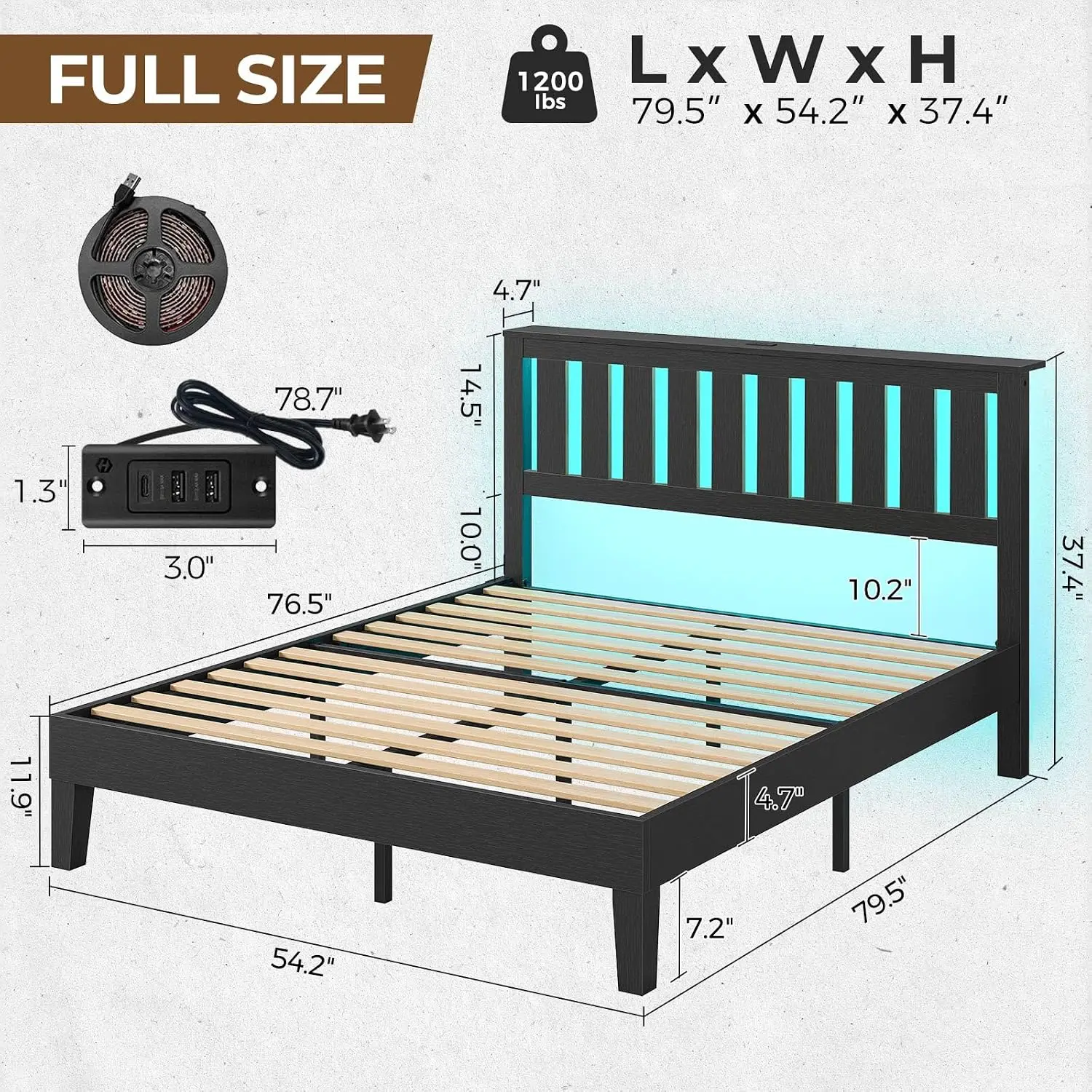 Full Bed Frame Headboard USB Charging & LED Lights Wood Slat Support No Box Spring Black, Customized