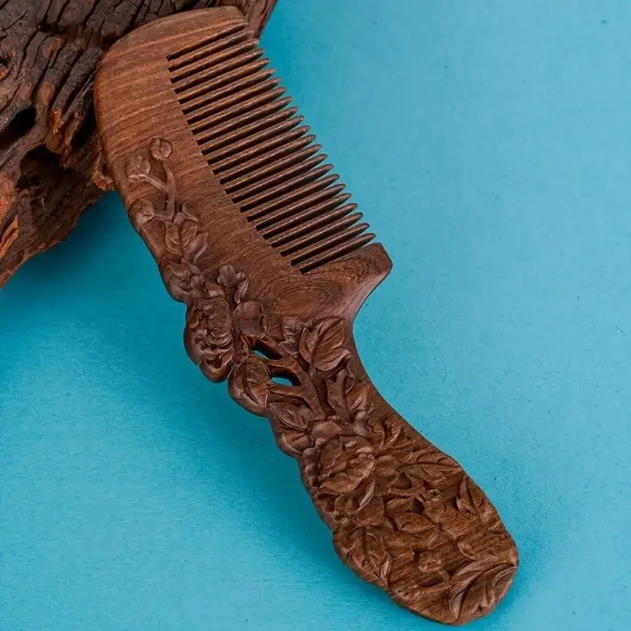 

Natural Solid Sandalwood Comb With Carved Peony Design Fine Tooth Hair Comb For Adults