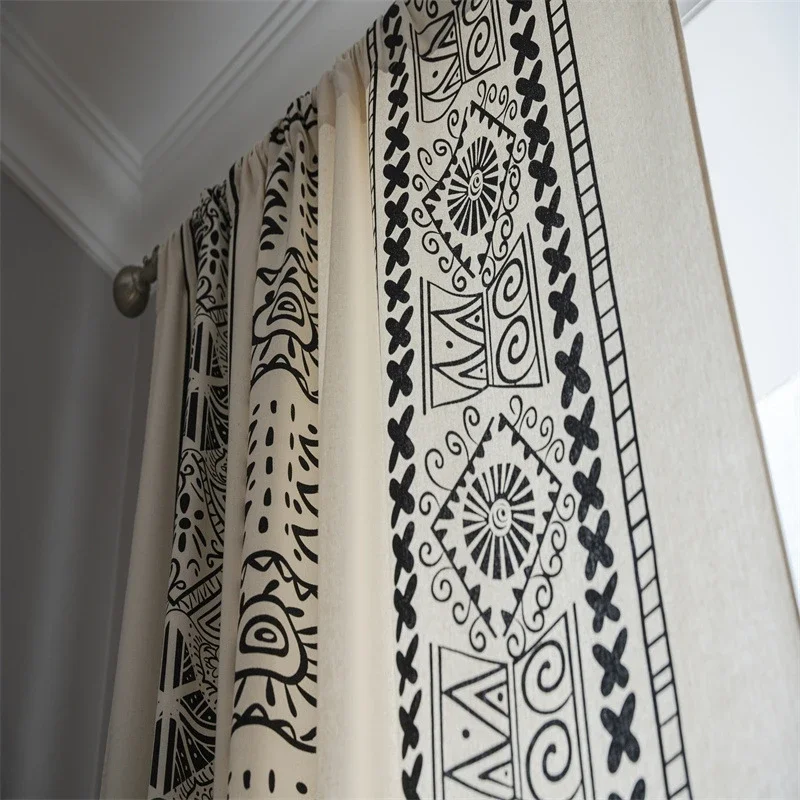 

Cotton Linen Curtain Finished Wholesale Black White Geometric Kitchen Drape Bohemian Style Bedroom Curtain Semi-blackout Valance