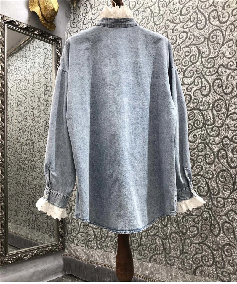 Donne di lusso diamanti perline cuciture in pizzo camicie di Jeans blu primavera strass Jeans camicetta Cardigan monopetto top