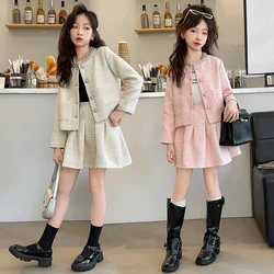 French style chic teen girls clothes set Handmade bead round neck jacket+pleated skirt 2pcs junior kids suit child outfits 12 14