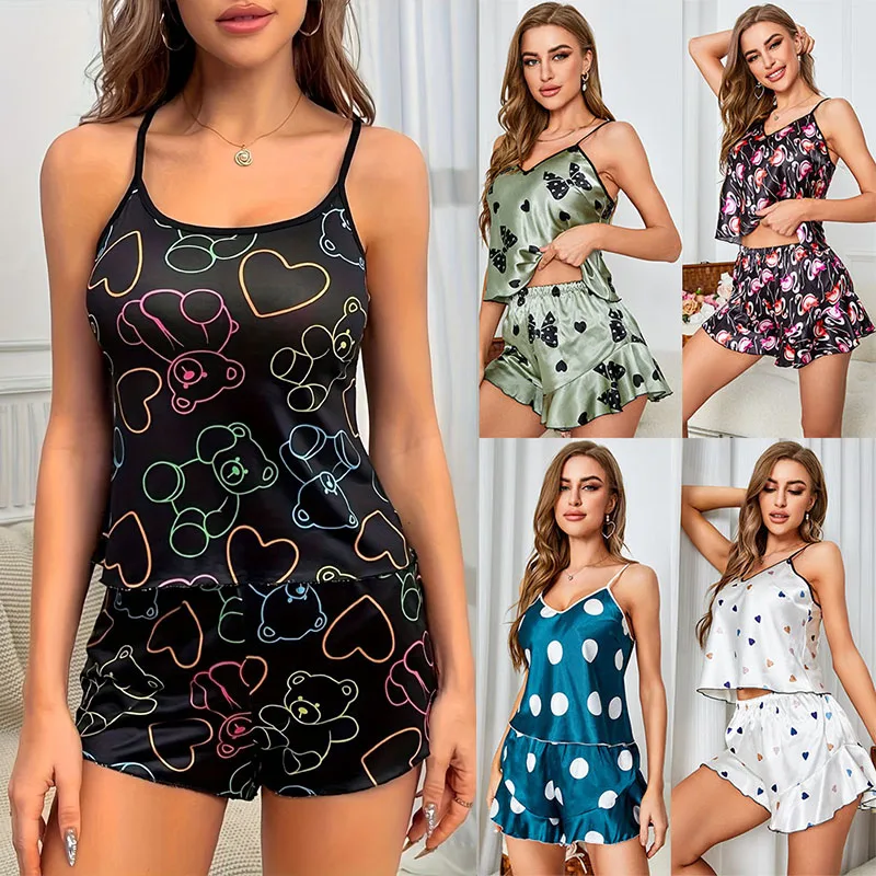 

Women's Pajamas Large Size Ladies Cute Print Sleepwear Women Spring Summer Suspenders Shorts Set Breathable Ice Silk Loungewear