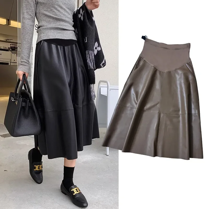 1171# Autumn Winter Fashion PU Maternity Skirts Elastic Waist Belly Loose A Line Clothes for Pregnant Women Pregnancy