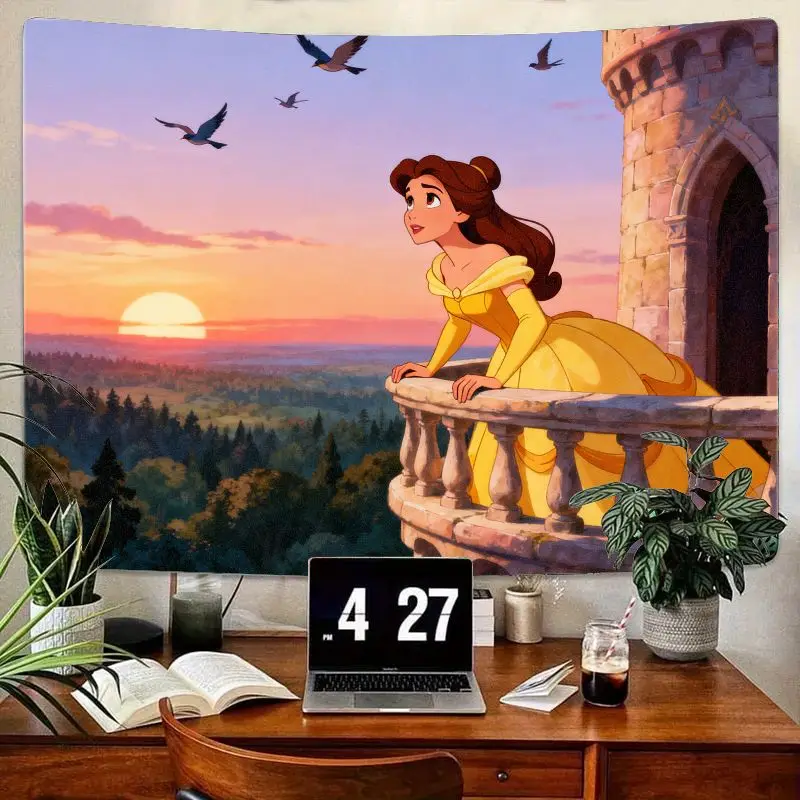 

1PC Disney Princess Belle Sunset Tapestry, Aesthetic Polyester Castle Balcony Wall Art for Girls Bedroom Dorm Decor & Gift.