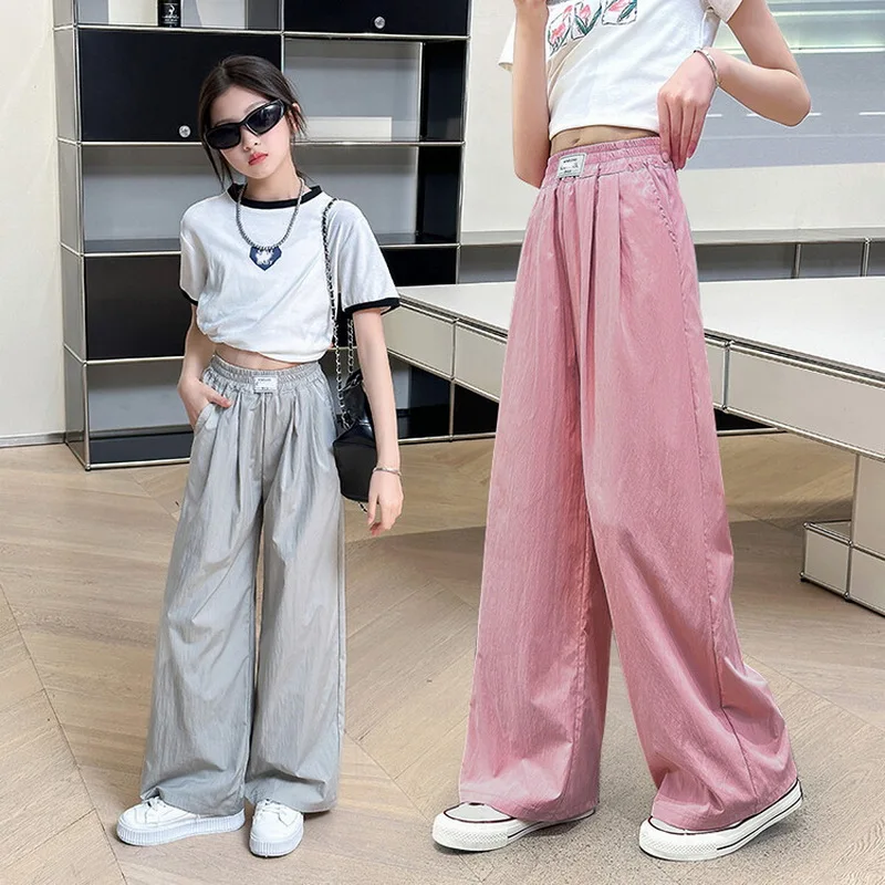 Girls' Pants Summer Thin Ice Silk Wide Leg Pants 2024 New Children's Casual Pants Girls' loose Mosquito Repellent Trousers 5 -12