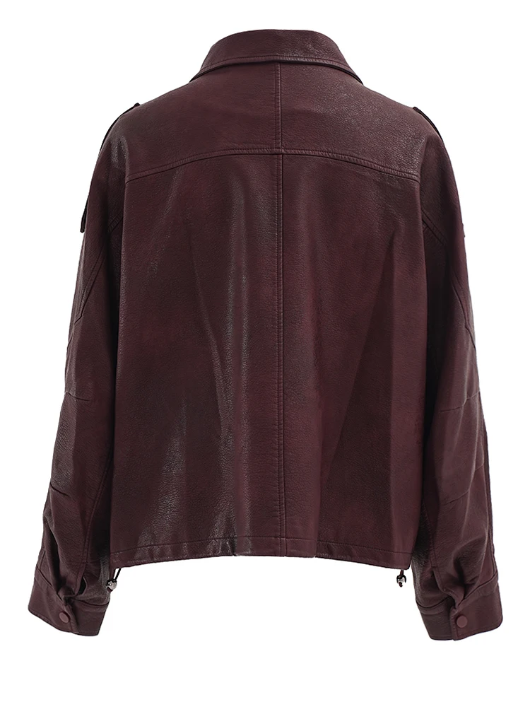 [EAM] PU Leather Wine Red Vintage Big Size Jacket New Lapel Long Sleeve Women Coat Fashion Tide Spring Autumn 2024 CP6A0015