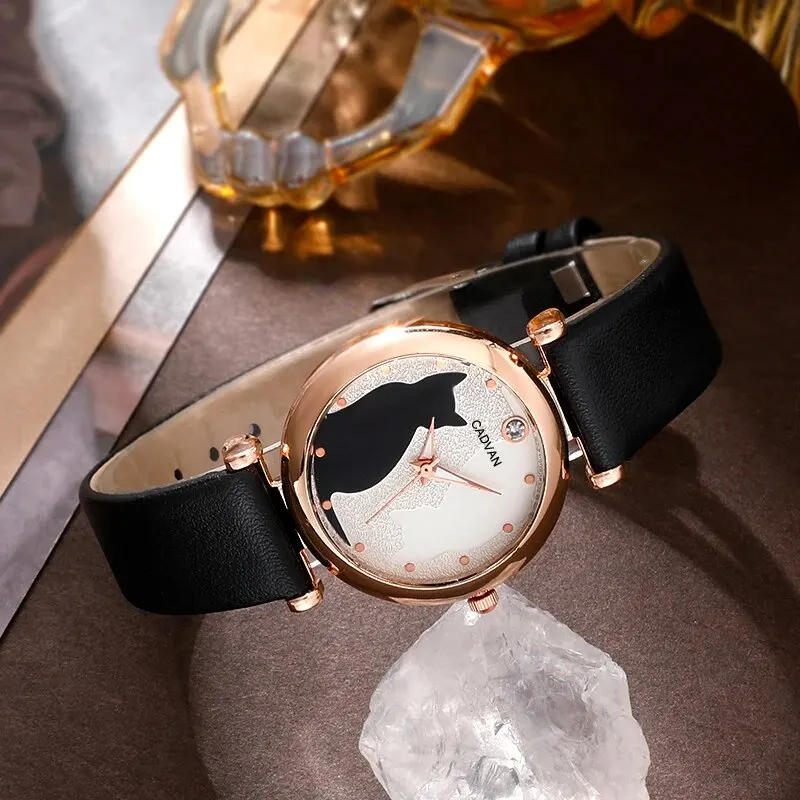 6PCS Set Women Fashion Quartz Watch Female Clock Cute Cat Dial Luxury Brand Design Ladies Leather Wrist Watch Montre Femme image 3