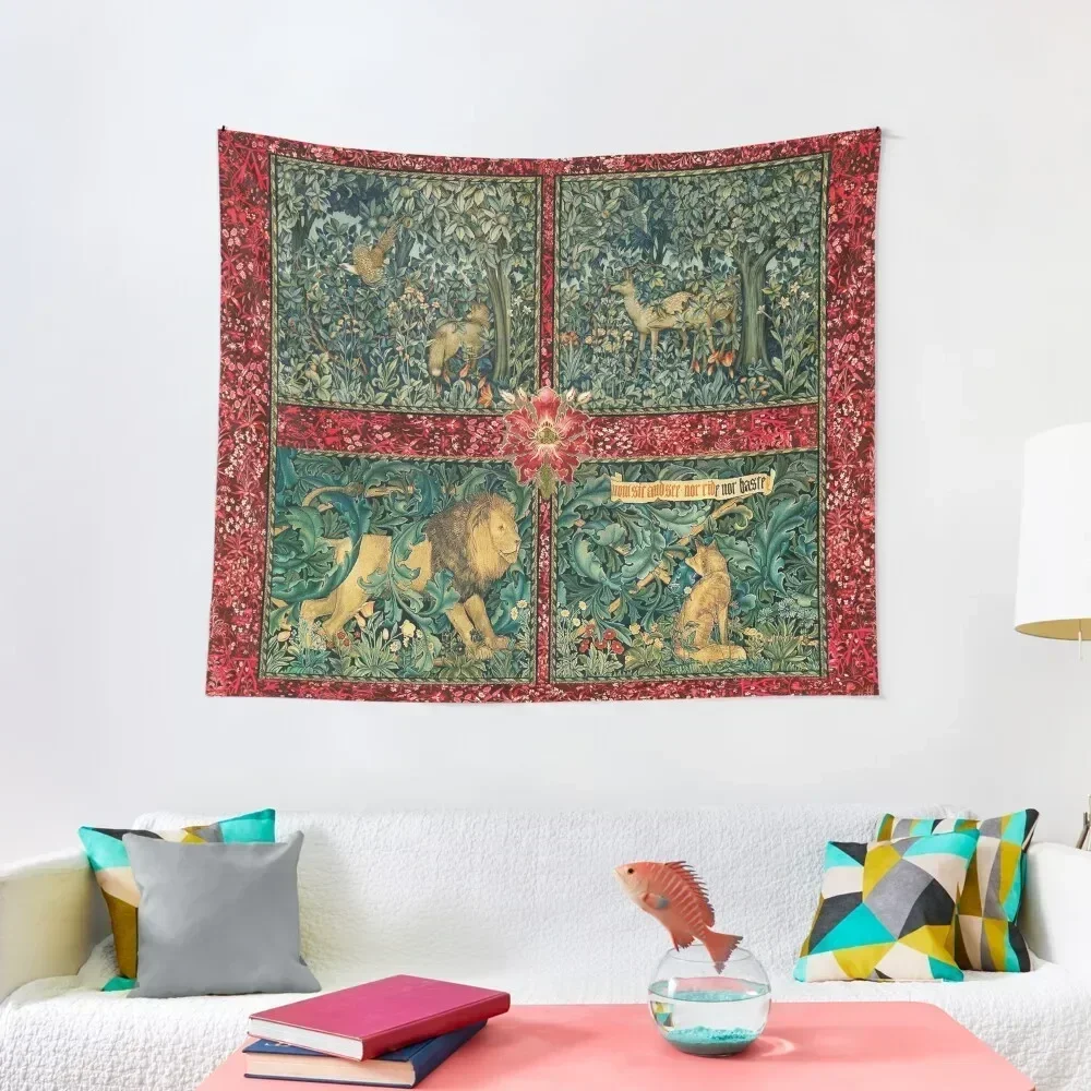 

GREENERY FOREST ANIMALS ,LION ,FOX,PHEASANT AND DOES Red Green Floral Tapestry Outdoor Decoration Home Decoration Tapestry