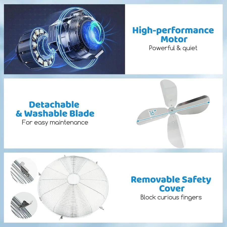Ventilador de Pedestal de Metal de 16 pulgadas, ventilador Industrial de pie de Metal con altura ajustable, 3 velocidades, 75 oscilación, ventilador de suelo con inclinación de 20 cabezales