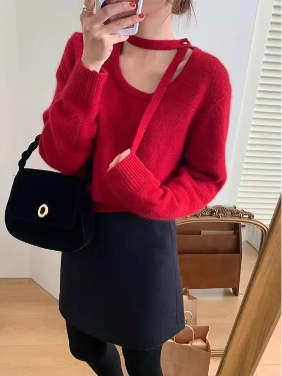 

Red Knitted Sweater Women's Base Layer Inner Wear Faionable Autumn Winter Design Netie Casual Sli Top Commute Sle