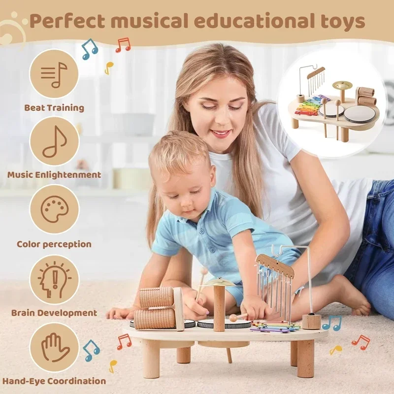 Baby Wooden Musical Instruments Toys Multifunctional Percussion Instruments Drum Eight Tone Piano Montessori Toys Birthday Gifts