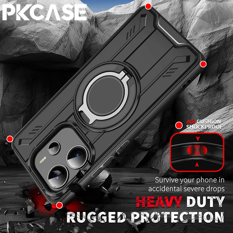PKCASE 360° °   Metall Ring Halterung Magnetische Telefon Fall Für Redmi Hinweis 14S 14 13 Pro Plus 4G 5G stoßfest Rüstung Abdeckung Für Redmi A5