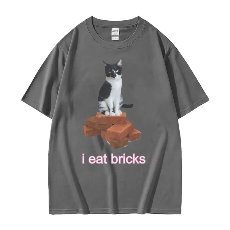 I Eat Bricks Cute Cat Funny Meme Graphic T-Shirt Summer for Men Women Fashion Clothing T-shirt O-Neck Short Sleeve T Shirts Tops