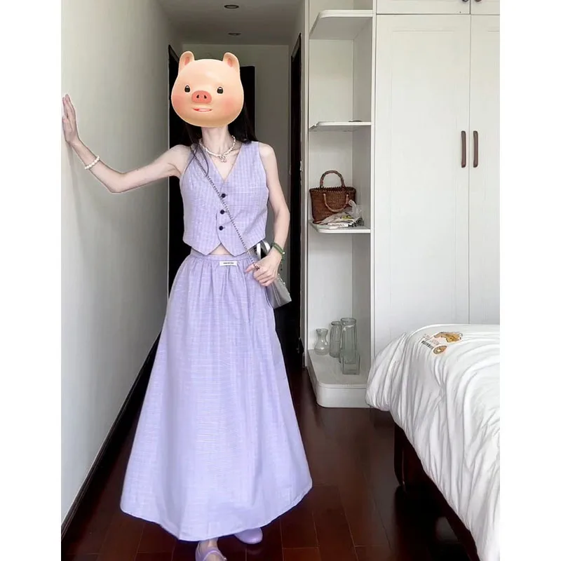 

Celebrity Ladylike V-neck Button Sleeveless Tank Crop Top Women Elegant High-waisted A-line Long Skirt Summer Chic Streetwear