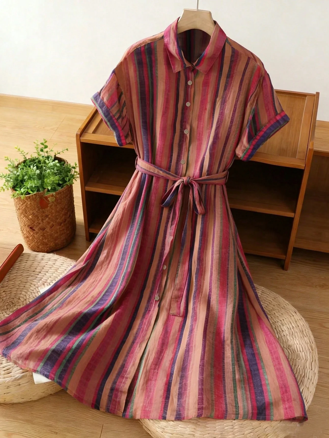 

Striped Womens Casual Summer Dress With Belt And Turn-Down Collar