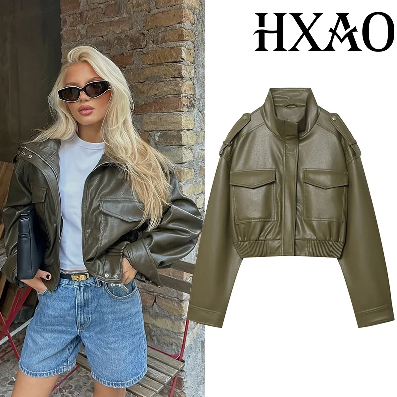 

HXAO Женская куртка из искусственной кожи Демисезонные укороченные куртки-бомберы Уличная одежда Мотоциклетная куртка с длинными рукавами Женское пальто на молнии