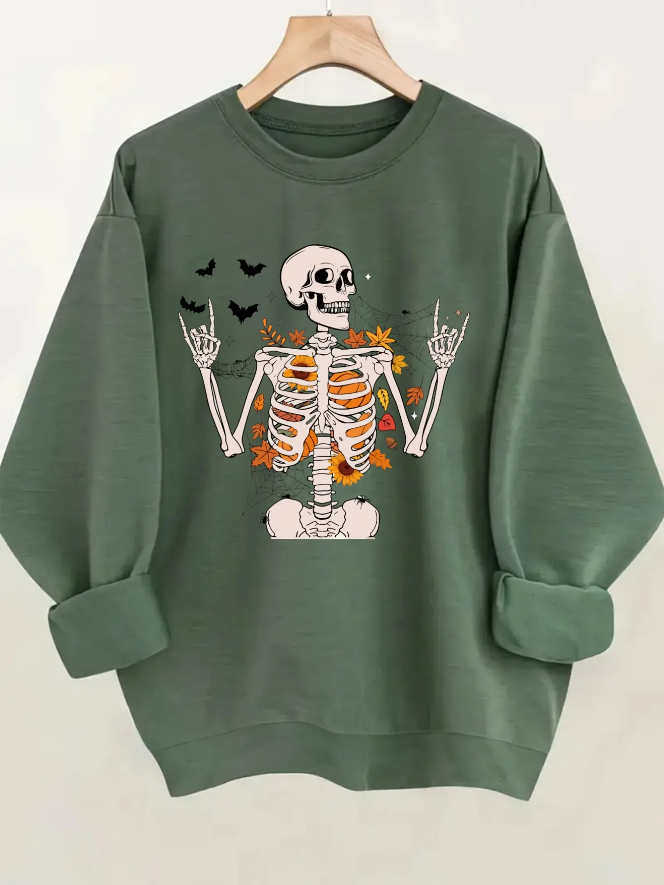 Women's Crew Neck Pullover Sweatshirt Skeleton Autumn Leaves Design, Soft Casual Long Sleeve, Daily Casual Top Outfit, Winter Women's Clothing, Halloween Costume Outfit