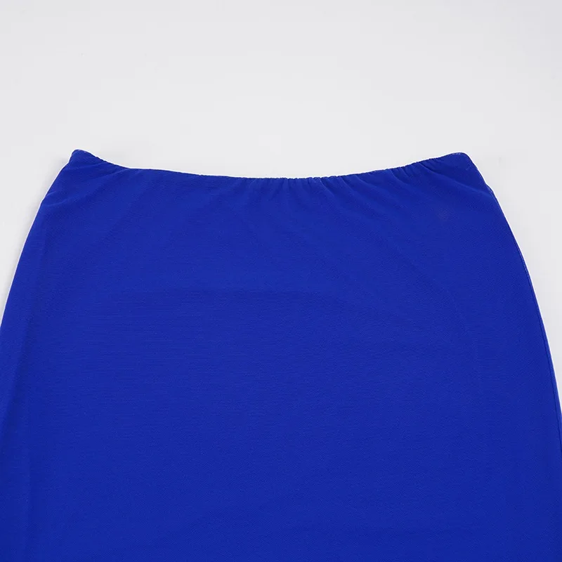 Women's Klein Blue Mesh Midi Skirt Low Waist Sexy Elegant Figure-Flattering European Style