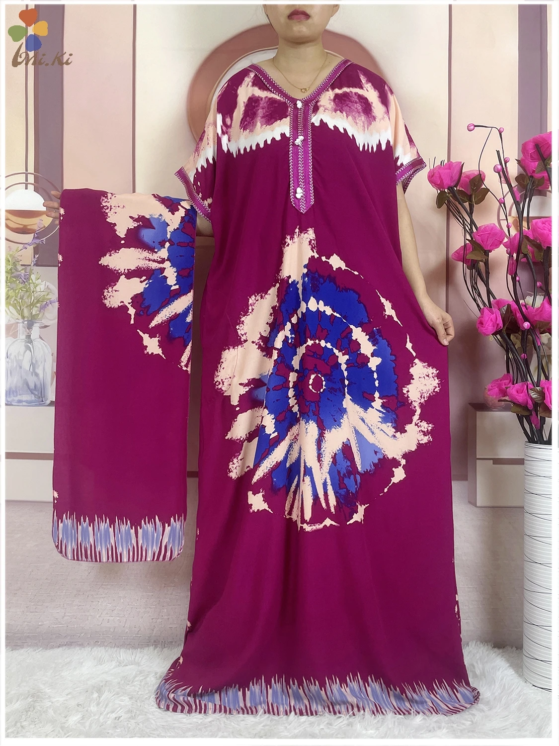 2024 New African Women Short sleeved Dress Embroidered Tie Dyed Cotton Long Dress Boubou Maxi Islamic Women Summer Clothing