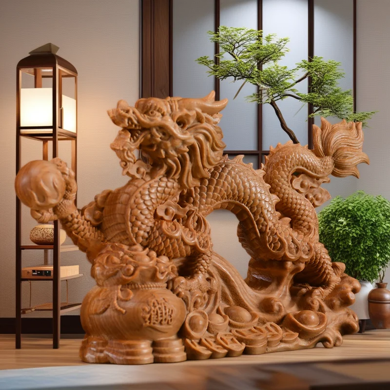 Solid Wood Carving Chinese Dragon Sculptures Figurines Auspicious Animals Home Room Office Table Decoration and Accessories