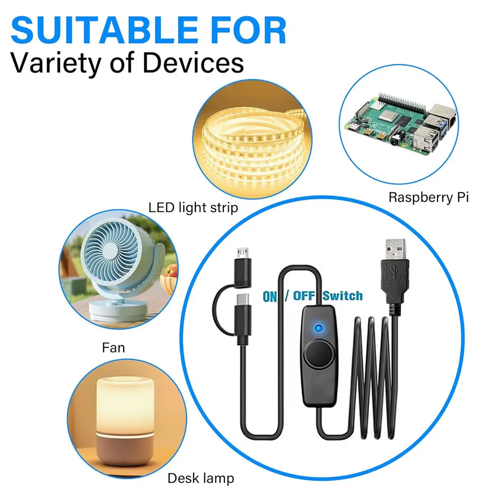 كابل شحن USB صغير 2 في 1 من النوع C / مع مفتاح تشغيل وإيقاف، سلك إمداد الطاقة من النوع C لمروحة USB، شرائط LED، مصباح مكتبي، شريط LED