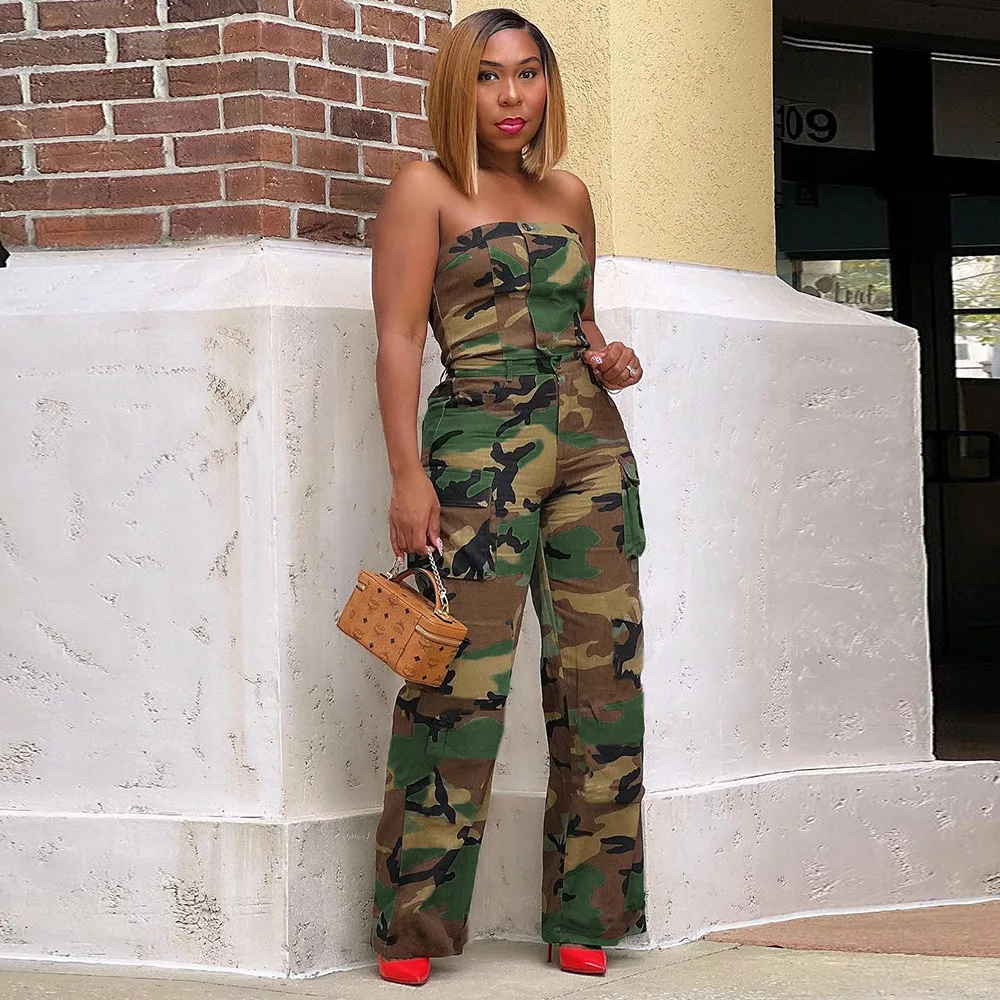 Camouflage Women Tracksuit Casual Sweatshirt Off-the-shoulder vest top+straight pantsSuit 2PCS  Clothes