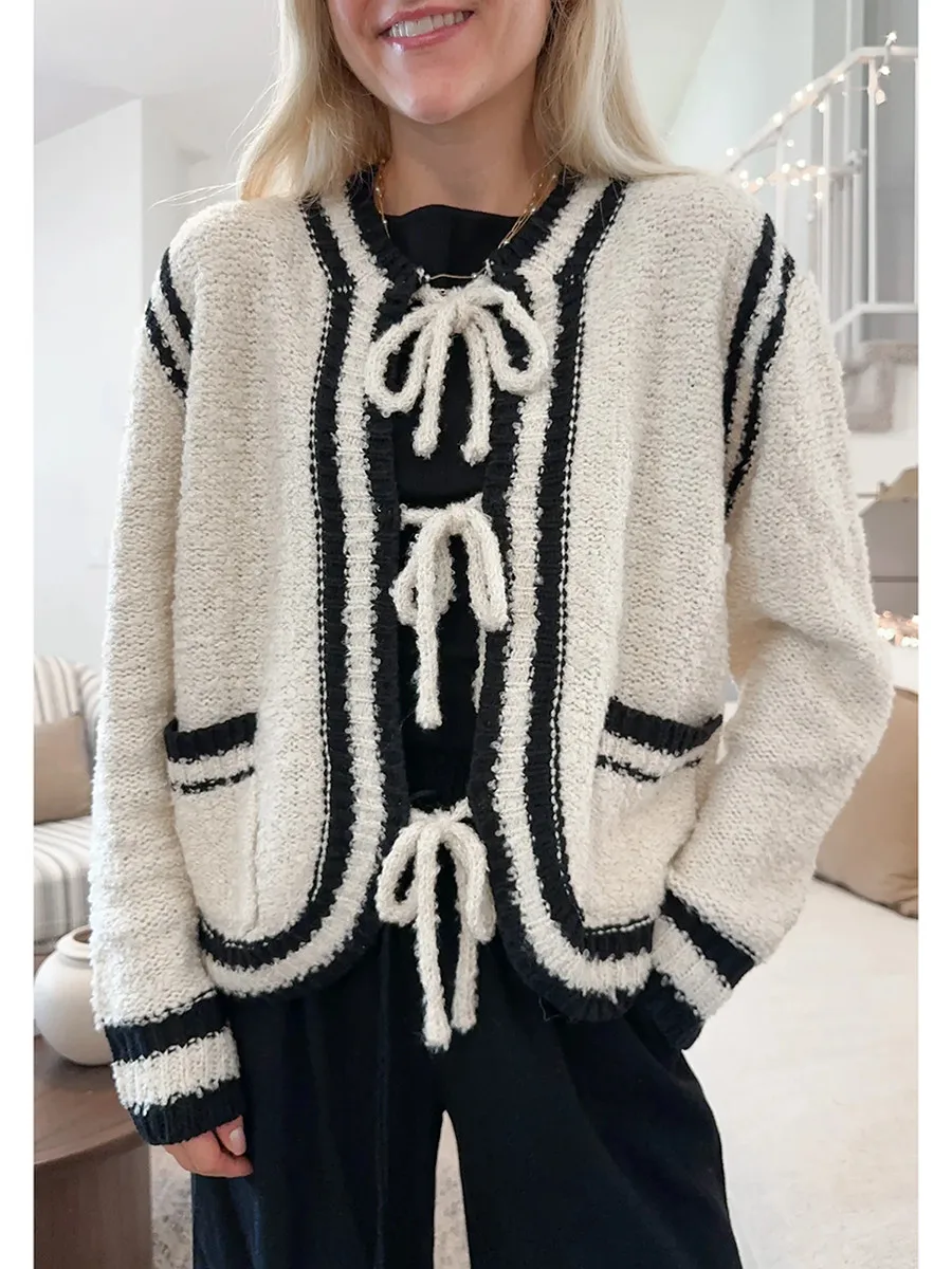 Women's Knit Sweater Fuzzy Long Sleeve Tie-up Front Stripes Print Cardigan Fall Sweater