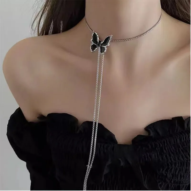 Cold wind butterfly long metal necklace female pull adjustable collarbone chain fashion trend neck chain waist chain decoration
