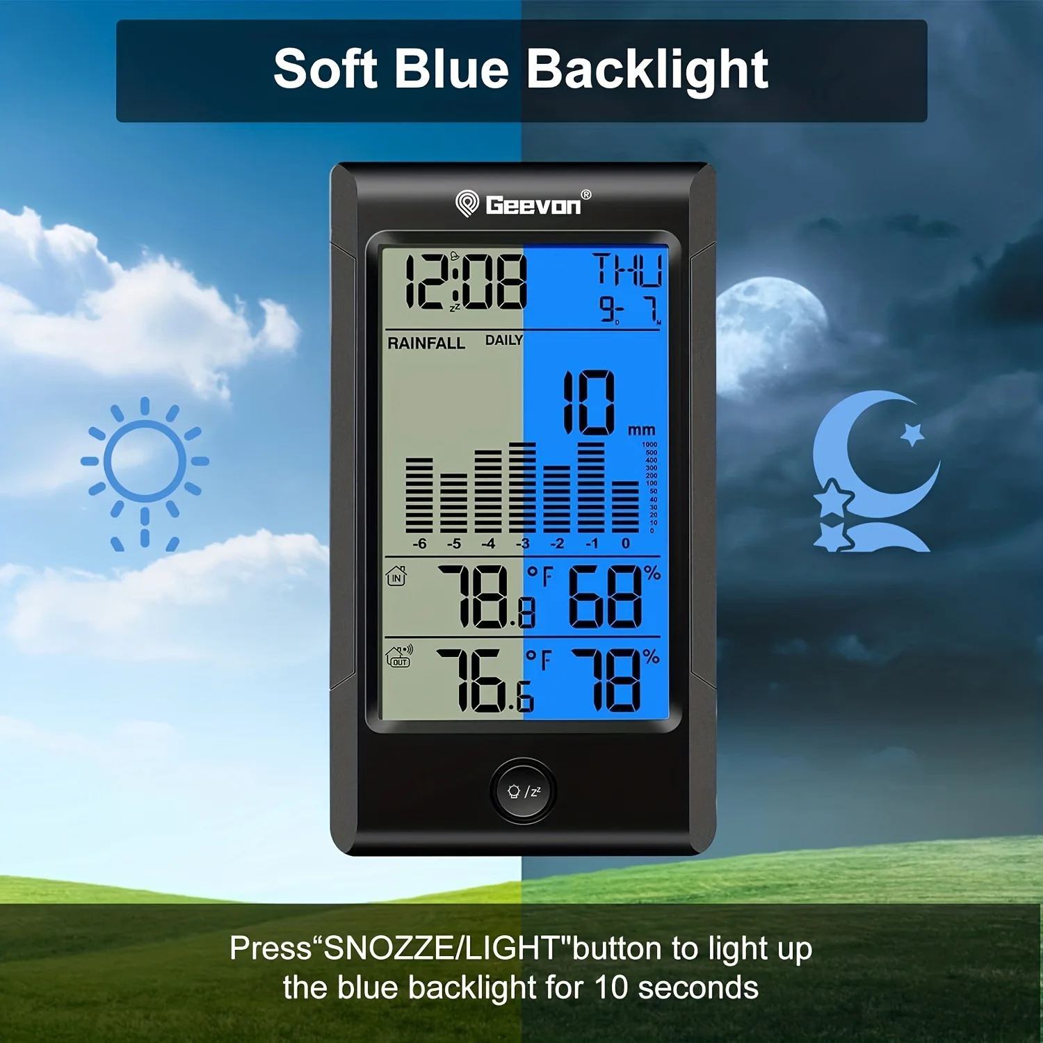 Geevon Wireless Digital Rain Gauge With Outdoor Temperature Gauge,Calendars Alarm Clock With Temperature And Humidity Rain Gauge