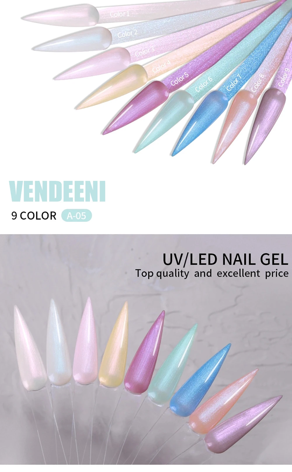 Vendeeni 9 Farben/Set Perlmutt-Farbgel-Nagellack Semi-Permanenter UV-LED-Soak-Off-Gel-Lack Meerjungfrauen-Nagelkunst-Gel-Lack – Detail 8