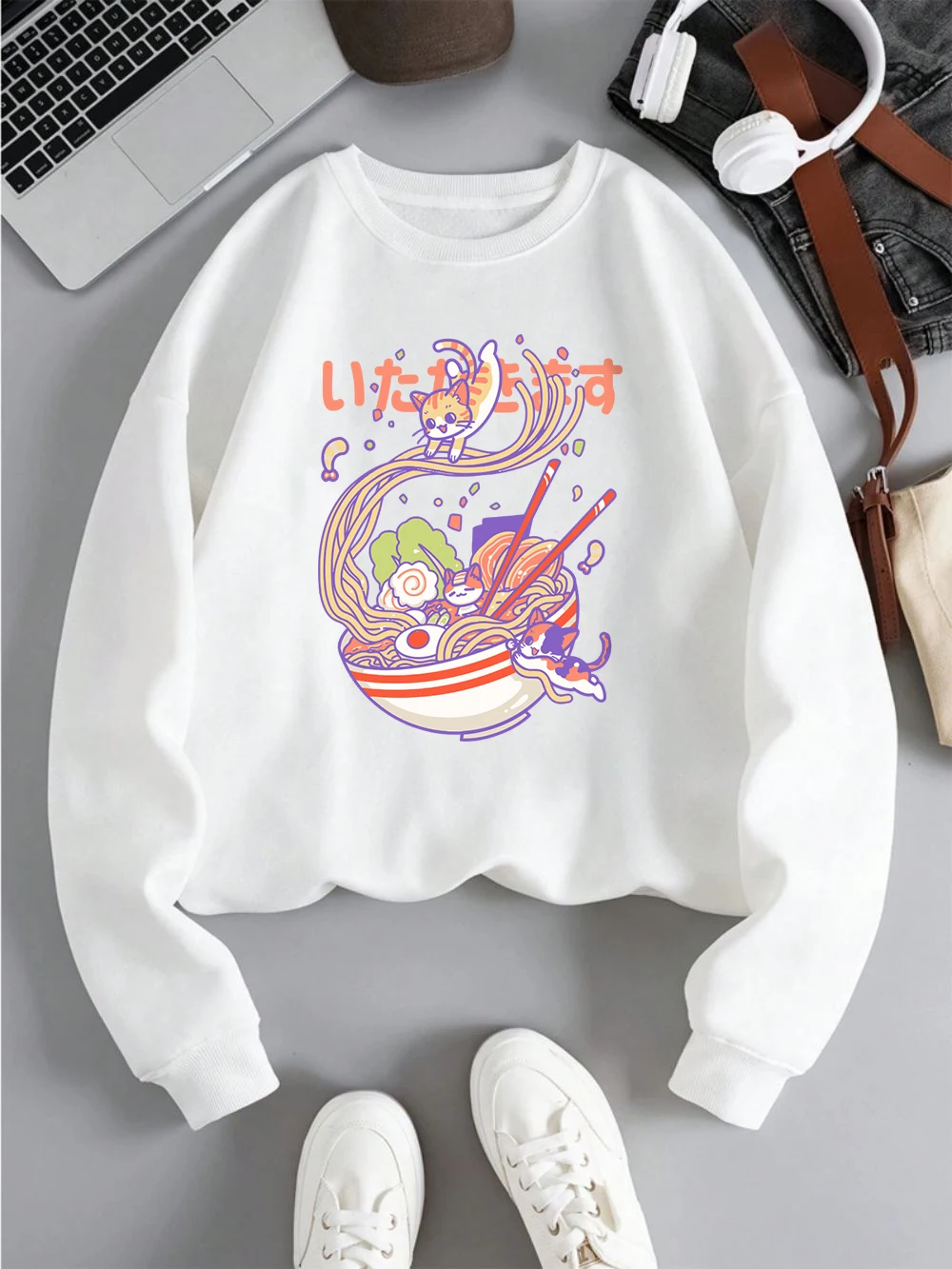 Japanese Noodles Sweatshirts Women Man Harajuku Cat Printed Hoodies Loose Fleece Warm Crewneck Clothes Street Womans Pullover