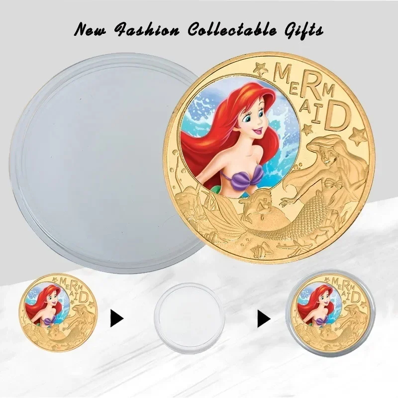 Disney ariel a pequena sereia princesa moeda comemorativa anime figuras de ação bonito menina lembrança moedas crianças presente aniversário