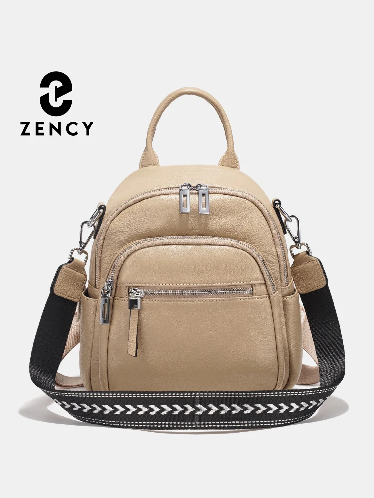 

Zency Fashion Genuine Leather Small Backpack Knapsack Multi-pocket Design Wide Strap Convertible Shoulder Bag For Travel Commut