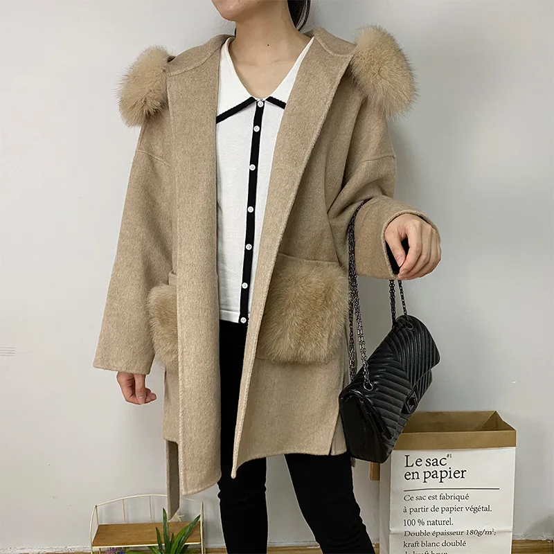 2023 Woolen fur,New  Women\'s Hooded Wool Coat With Real Fur Collar New Winter Female Oversize Belted Cardigan Outerwear With Poc