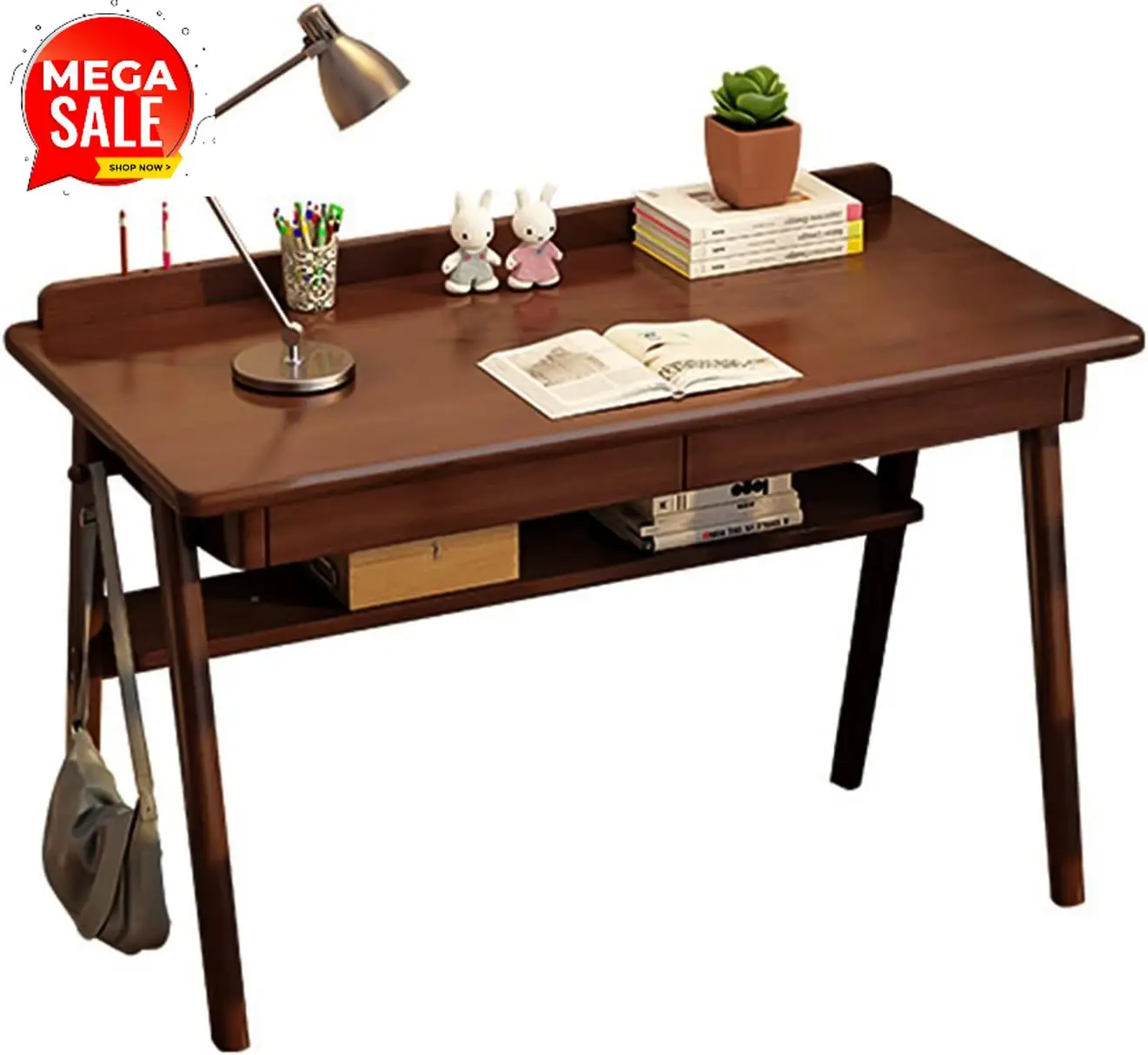 

BestsellerSolid Wood Writing Desk, 47" Mid-Century Modern Walnut Desk, Home Office Computer Desk with 2 Drawers and Storage Shel