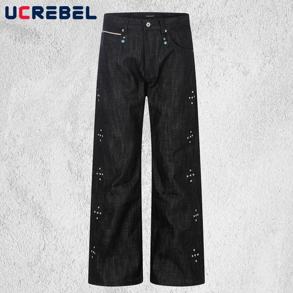

Rivets Dark Jeans Mens Pocket Retro High Street Straight Baggy Wide Leg Washed Denim Pants Man