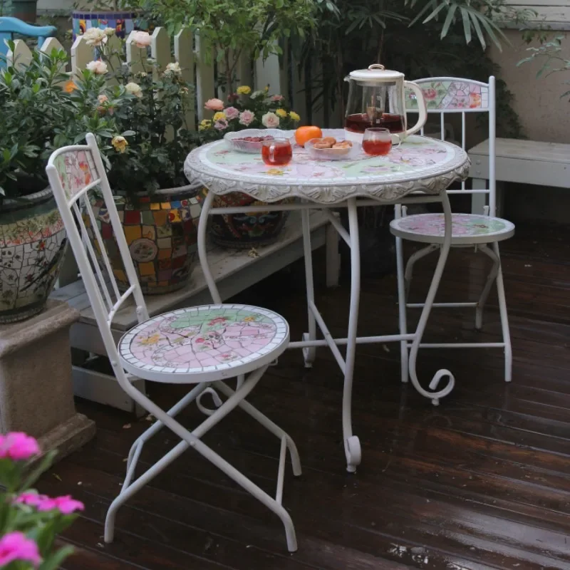 Outdoor outdoor courtyard garden leisure table and chairs, American pink rose pattern balcony table and chair combination
