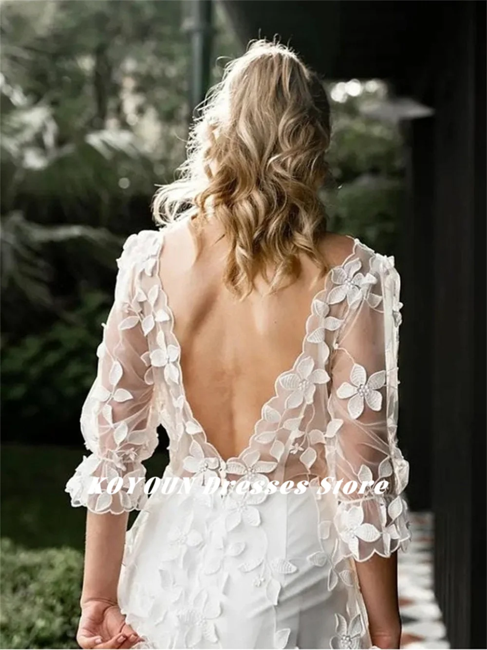 KOYOUN-vestido de novia de corte en A, prenda elegante con sobrefalda, cuello Barco, apliques, Mangas de tres cuartos, para fiesta nupcial, 2024