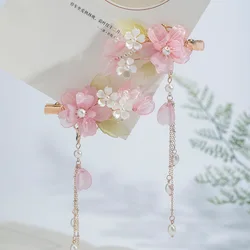 Sweet Hair Clips Pink Flower Tassel Hairpin Chinese Hanfu Hair Accessories Vintage Pearl Barrettes Classic Girls Hair Jewelry