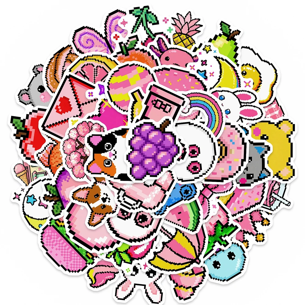 

10/30/50pcs Pink Creative Pixel Style Animal Food Graffiti Stickers DIY Stationery Suitcase Phone Cute Cartoon Waterproof Decals