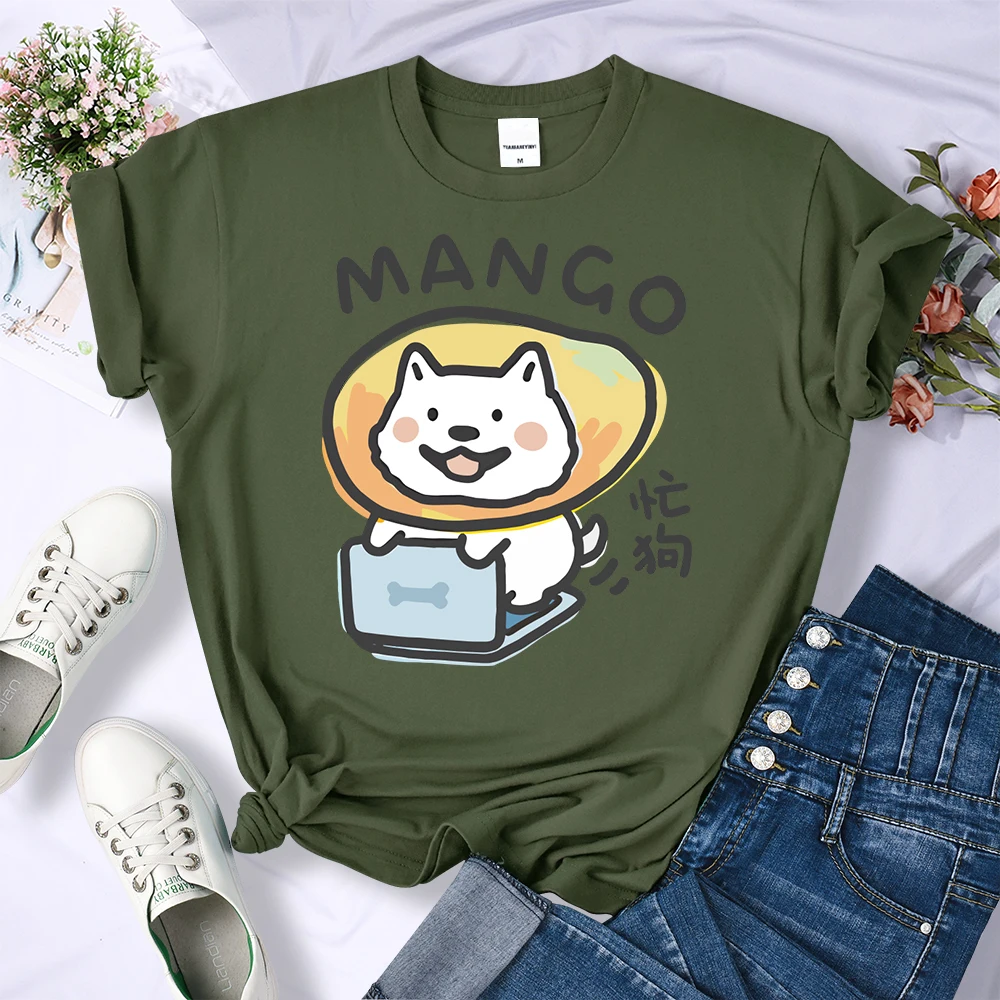 Busy Dog Mango Fruit Dog Printed T-Shirt Female Breathable Soft T Shirts Loose Summer Tee Clothing Crewneck Street Women Top